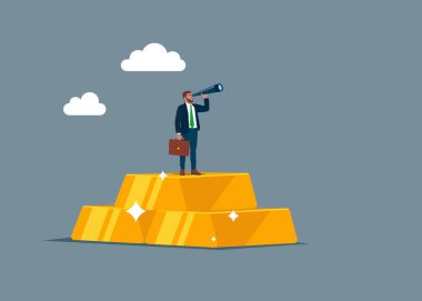 Altın külçelerinin üzerinde dürbünü olan bir yatırımcı. Karar verme vizyonu. Yatırım, zenginlik yönetimi ve varlık tahsisi.