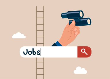 Dürbünlü iş arama çubuğu. Yeni bir iş, iş, iş ya da iş aramak. Geleceği görme kavramı. Düz vektör illüstrasyonu