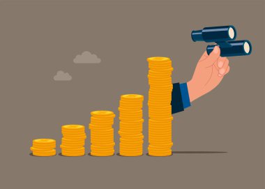 Finansal başarı, ekonomik tahmin kavramı. Başarılı bir kariyer, yeni bakış açıları aramak. Elinde bir tomar para olan dürbünle. Düz vektör illüstrasyonu