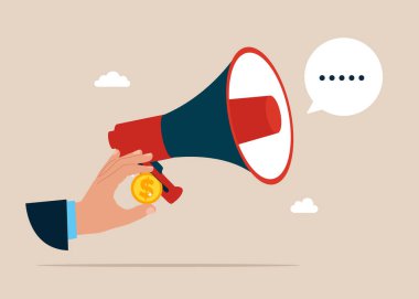 Para için propaganda. İşadamı elini hoparlöre koydu. Düz vektör illüstrasyonu