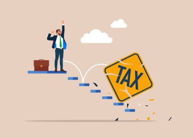 Mutlu iş adamları vergiden muaf. Kırık tabela vergisi. Muhasebe ya da faturalar, servet yönetimi. Vektör illüstrasyonları.