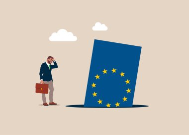 Avrupa Birliği bayrağı çukura düştü. AB 'de kriz. Kriz, durgunluk, çöküş ve borsa çöküşünün sembolü. Vektör illüstrasyon kavramı.