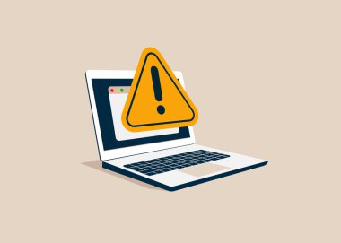 Ekran laptopunda büyük uyarı işareti var. İşletim sistemi hatası. Kişisel bilgisayar kuruyorum. Düz vektör illüstrasyonu