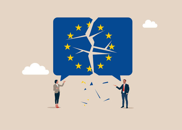 Business communication breakdown European Union. Symbol of misunderstanding, negotiation problems, miscommunication, argument. Crisis in EU. Flat vector illustration