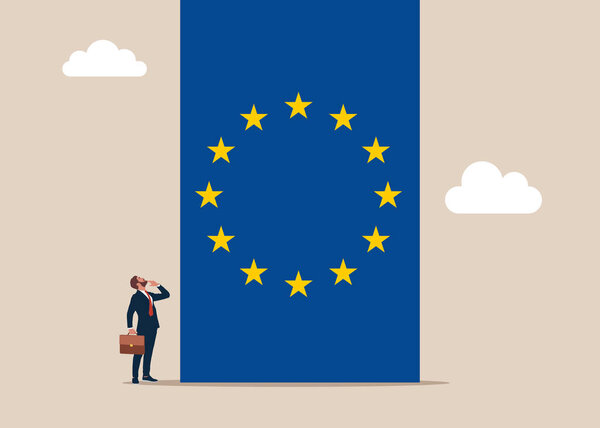 Smart entrepreneur or politician thinking with big flag European Union. Think big, aspiration to win and success. Flat vector illustration