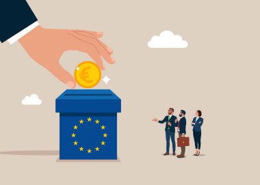 Financing EU. Hand putting coin a piggy bank money savings European Union. Modern vector illustration in flat style