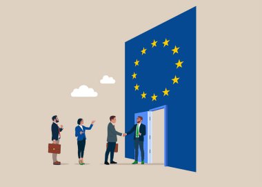 Politician handshake welcome and introduce new countries. Integration in European Union. Flat vector illustration