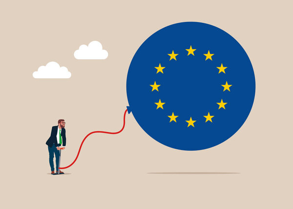 Businessman pumps up a balloon of a flag European Union floats higher. Flat vector illustration