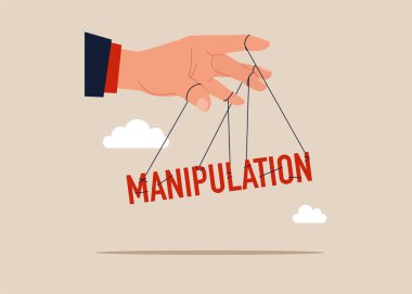 Manipulation control master. Businessman hands with rope on fingers manipulate letters. Flat vector illustration
