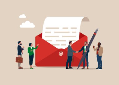 En iyi iş görüşmeleri için e-posta iletişimi, hikaye anlatma ya da yeni bir iş başvurusu. Düz vektör illüstrasyonu