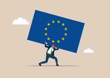 Businessman carrying huge with flag European Union. Political and business games. Flat vector illustration