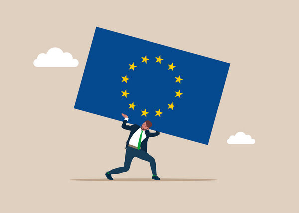 Businessman carrying huge with flag European Union. Political and business games. Flat vector illustration