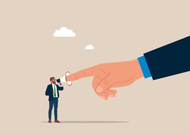 İşadamı konuşması için parmak tıkacı megafonu. Düz vektör illüstrasyonu