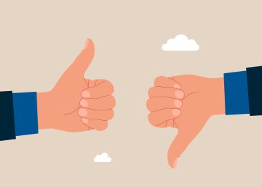 Sevmek ve sevmemek için büyük ellerle tartışıyorlar. Baş parmaklar yukarı ve baş parmaklar aşağı. Düz vektör illüstrasyonu