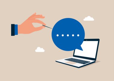 Dinleyecek ya da konuşacak bir şey yok. Sivri uçlu dikiş iğnesi olan bir el konuşma balonu patlatıyor. Düz vektör illüstrasyonu