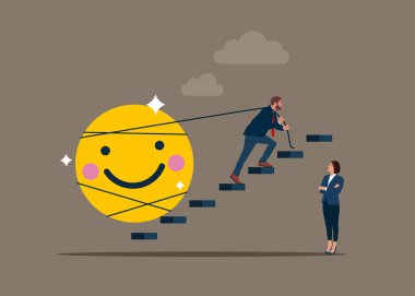 İşadamı ağır gülümseyen emoji sembolünü merdivenlerden yukarı çıkarıyor. Pozitif tavır. Düz biçimli modern vektör illüstrasyonu