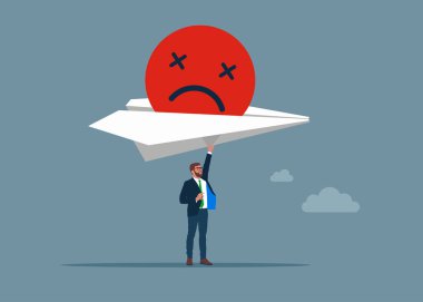 Patronun elinde içinde kızgın yüz sembolü olan büyük bir kağıt uçak var. Kötü haber kavramı. Düz vektör illüstrasyonu