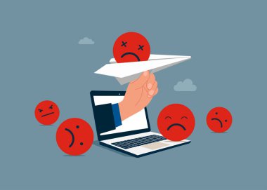 Çevrimiçi takım iletişimi, online iş arkadaşı sohbeti. İçinde kızgın yüz sembolü olan kağıt bir uçak. Kötü ruh hali, olumsuz geri bildirim ve kullanıcı deneyimi. Düz vektör illüstrasyonu.