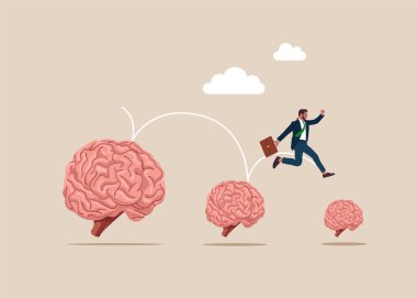 Beyin fırtınası yok. Büyük barinden küçük barine atlayan bir iş adamı. Fikir yok, mali ve yatırım artışı başarısız. Düz vektör illüstrasyonu.