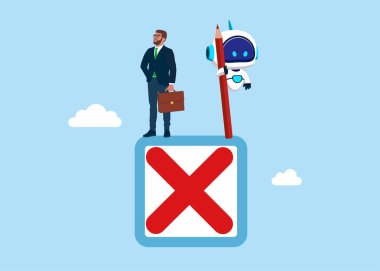 Tamamlanmış çapraz kontrol kutusu. Pazarlık yok ve robotla anlaşma yok. Teknolojiye yatırım yapmayı reddetmek. Düz vektör illüstrasyonu.