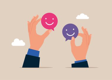 İş motivasyonu. Mutlu ikon ile reyting gösteriliyor. Elinde gülen yüz sembolü var. Düz vektör illüstrasyonu