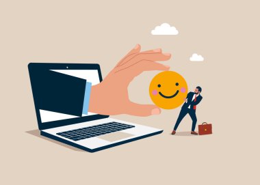 Küçük işadamlarıyla el çekme mutluluğu gülümseyen yüz sembolü. Mutluluk için savaş. Düz vektör illüstrasyonu