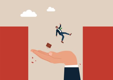 Sorunu çözmek için yardım desteği. İş adamı uçurumdan atlamayı başaramadı. Dev eller, sorunların çözülmesine yardımcı oluyor. Düz vektör illüstrasyonu