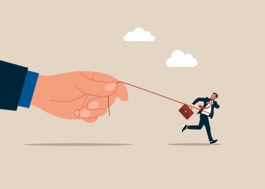 Kaçan adam el patronundan korkuyor. İş adamı arkadaşını çekmek için ip kullanır. Düz vektör illüstrasyonu