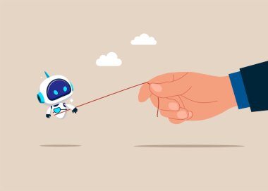 Robot el işadamından korkuyor. Kölelikten kurtulmak. Düz vektör illüstrasyonu