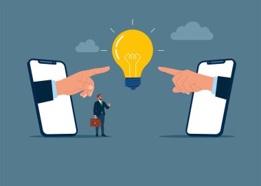 İki insan eli ve ampul. Yeni bir çözüm ya da fikir, merak ve başarı kavramını keşfetme vizyonu. Düz vektör illüstrasyonu