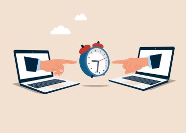 İki insan eli ve saati. İşi tamamlamak için öz disiplin ya da kendini kontrol. Düz vektör illüstrasyonu