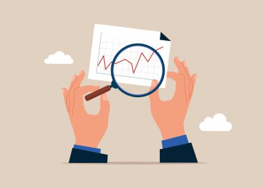 Kollar büyüteç, cam büyüteç, grafikleri büyütüyor. Düz vektör illüstrasyonu.