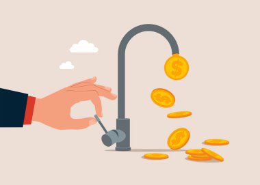 Dolar paralarının akması için musluğu elle açıyorum. Düz vektör illüstrasyonu