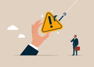 Balık oltasında ünlem işareti var. İş başarısızlığı. Düz biçimli modern vektör illüstrasyonu