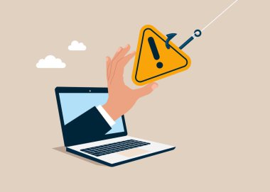 Balık oltasında ünlem işareti var. Olay yönetimi ya da sorun çözme. Düz biçimli modern vektör illüstrasyonu