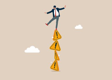 Dengesiz ünlem işaretleri yığınından düşen bir iş adamı. Kararsız işbirliği, riskli durum. Düz vektör illüstrasyonu