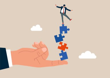 Dengesiz bulmaca yığınından düşmemek için iş adamına yardım elini uzat. Denge işbirliği ve yatırım. Düz vektör illüstrasyonu