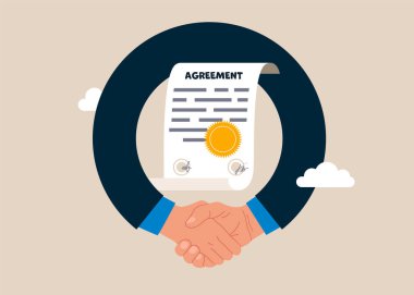 İş anlaşması, anlaşma, sözleşme, yürütme tokalaşması. Başarılı iş adamları anlaşmayı ve tokalaşmayı bitirir. Düz vektör illüstrasyonu