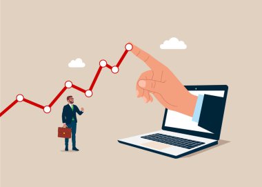 Bilgisayar finansal büyüme grafiğini yönetir. Düz vektör illüstrasyonu