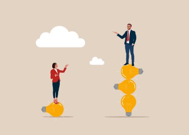 Fikir için rekabet var. İş adamı çok daha fazla ampulün üzerinde duruyor, kadın bir ampulün üzerinde. Cinsiyet farkı. Düz vektör illüstrasyonu