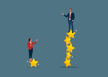 Rekabet savaşı. Çok daha fazla yıldızın üzerinde duran bir iş adamı, bir yıldızın üzerinde duran bir kadın. Daha fazla yatırım kârı, vergi yükü veya mali sorun kazanma çabası. Düz vektör illüstrasyonu