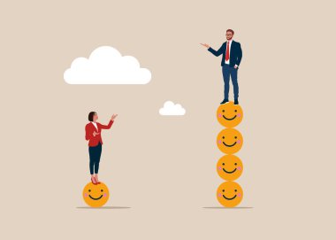 Rekabet savaşı. Çok daha gülen bir yüz sembolü üzerinde duran bir iş adamı, gülümseyen bir yüz sembolü üzerinde duran bir kadın. Çalışanların mutluluğu, iş memnuniyeti, şirket yararları, olumlu tavırlar. Düz vektör çizimi