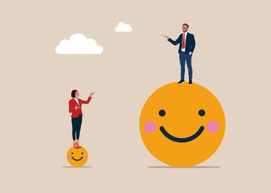 Büyük gülümseyen yüz sembolü üzerinde duran bir iş adamı, küçük gülümseyen yüz sembolü üzerinde duran bir kadın. Düz vektör illüstrasyonu