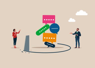 Hırsız, konuşma baloncuklarını düşürmek için zemini testereyle kesiyor. Bilgisayar korsanlığı ve Siber Suçlar. Siber güvenlik ve sahtekarlık konsepti. Düz vektör illüstrasyonu