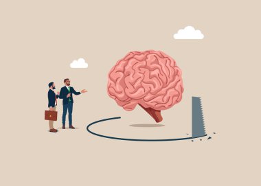 Fikir hırsızlığı. Hırsız beyninin çökmesi için zemini testereyle kesmiş. Tuzak metaforunu ödünç ver. Düz vektör illüstrasyonu.