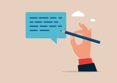 El ele tutuşup, konuşma balonunda mesaj ya da e-posta yazmak. Röportaj değerlendirmesi. Vektör illüstrasyonu