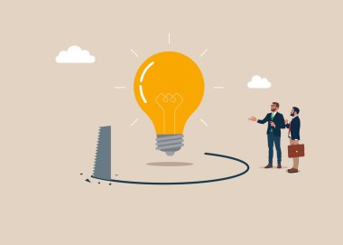 Hırsız ampulü düşürmek için zemini testereyle kesmiş. Tuzak metaforunu ödünç ver. Düz vektör illüstrasyonu.