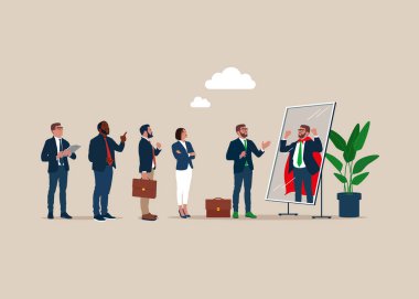 İş adamları süper kahraman olmayı hayal eder. İdeal süper kahraman yansımasına bakarlar. Kendine güven, başarıya olumlu yaklaşım, hedeflere ulaşmak için kararlılık. Vektör