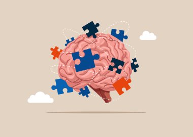 Birlikte çalışmayı düşünün, işbirliği, ortaklık. Beyinde bulmacalar. Düz vektör illüstrasyonu.