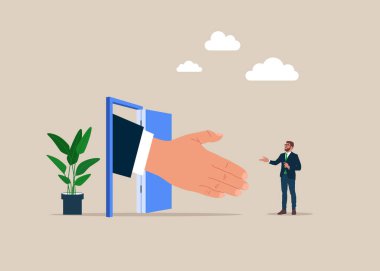 İş adamını kapıdan içeri davet etmek için büyük eller. Gemide çalışan, yeni ofise sıcak bir hoş geldin, ilk gün oryantasyon eğitimi. Düz vektör illüstrasyonu